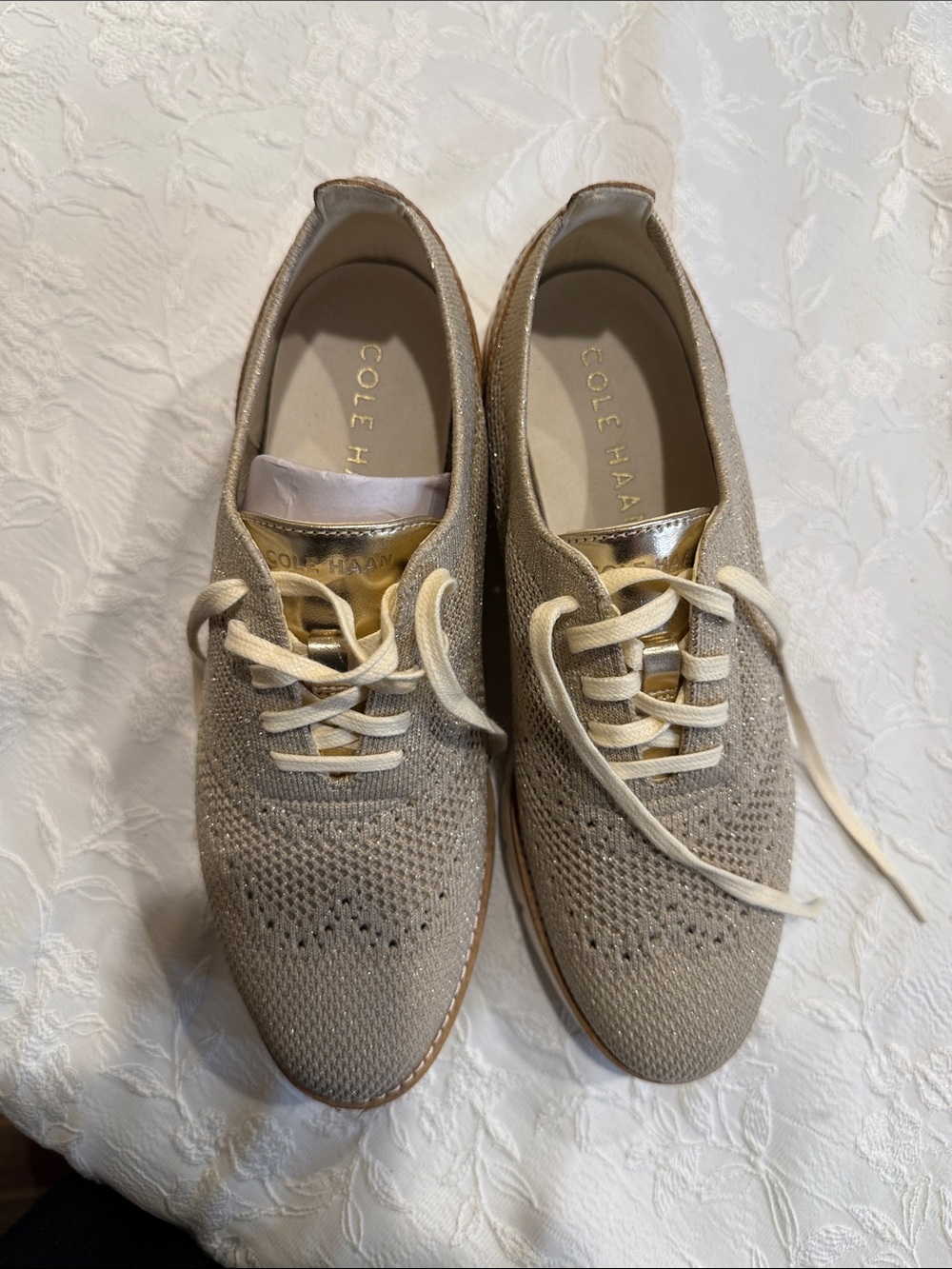 Cole Haan Lace-Up Knit Oxford Boots in Metallic Gold and Cream